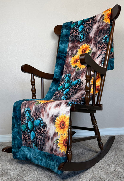 Turquoise Cross and Sunflowers on Mallard Luxe 55x77 Large Minky Blanket