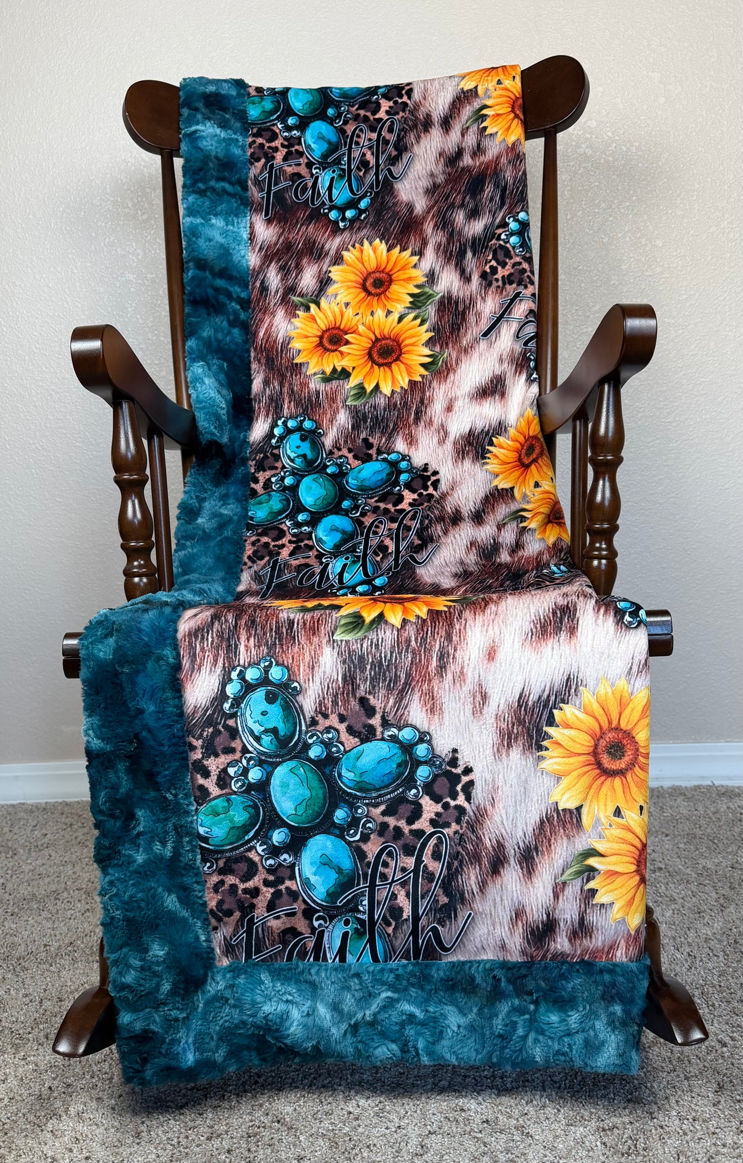 Turquoise Cross and Sunflowers on Mallard Luxe 55x77 Large Minky Blanket