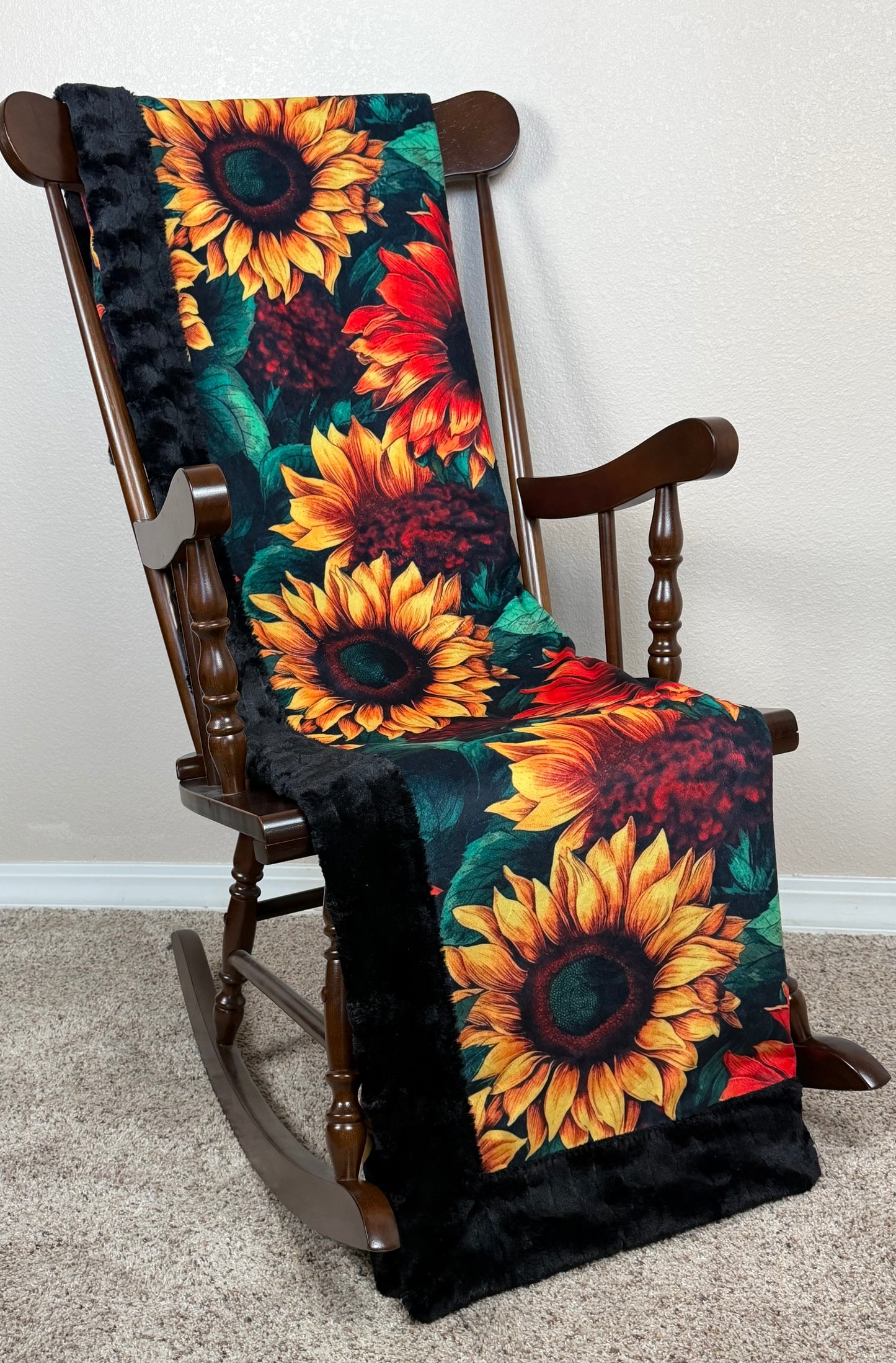 Colorful Sunflowers on Black Luxe Large 55x79 Minky Blanket