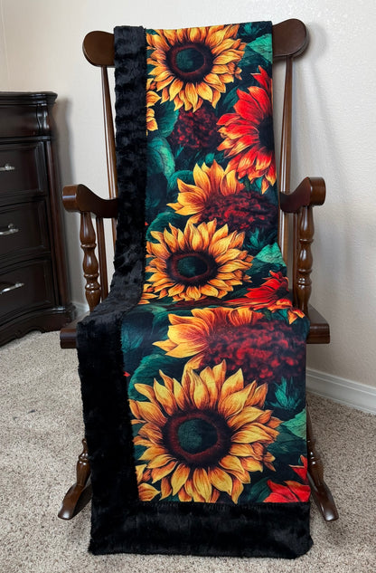 Colorful Sunflowers on Black Luxe Large 55x79 Minky Blanket