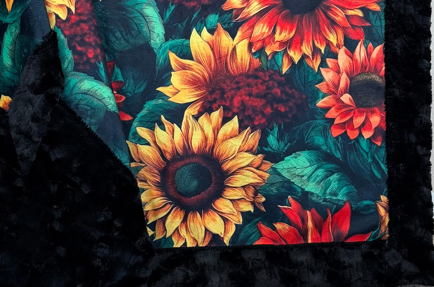 Colorful Sunflowers on Black Luxe Large 55x79 Minky Blanket