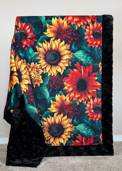Colorful Sunflowers on Black Luxe Large 55x79 Minky Blanket