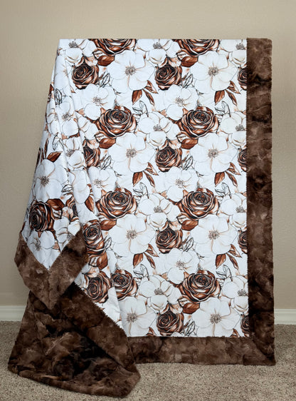 Flowers on Brown Luxe Large 55x79 Minky Blanket