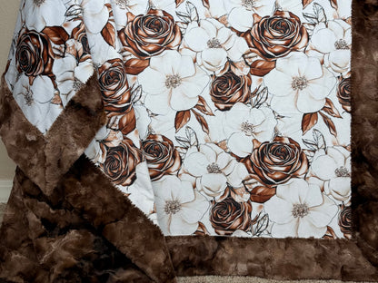 Flowers on Brown Luxe Large 55x79 Minky Blanket