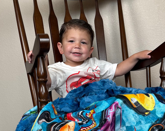 Race Car Enthusiast on Blue Luxe Child Size 42x60 Minky Blanket with Pillowcase