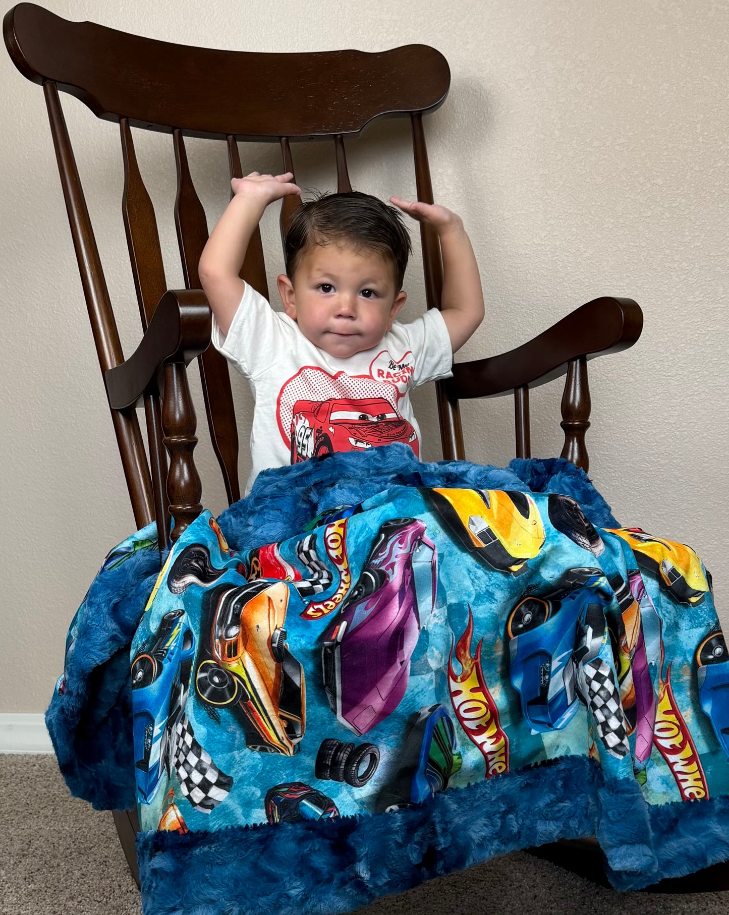 Race Car Enthusiast on Blue Luxe Child Size 42x60 Minky Blanket with Pillowcase