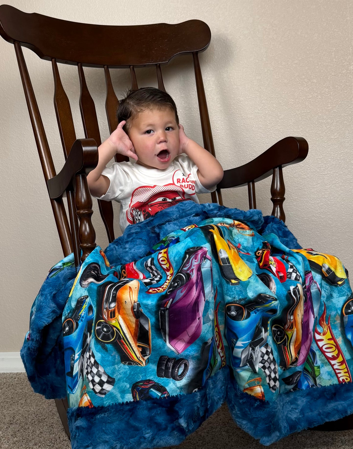 Race Car Enthusiast on Blue Luxe Child Size 42x60 Minky Blanket with Pillowcase