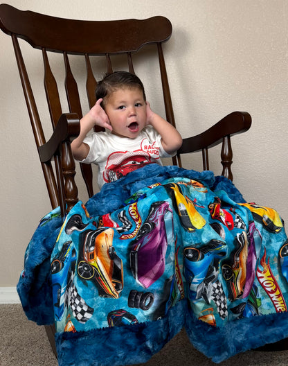 Race Car Enthusiast on Blue Luxe Child Size 42x60 Minky Blanket with Pillowcase