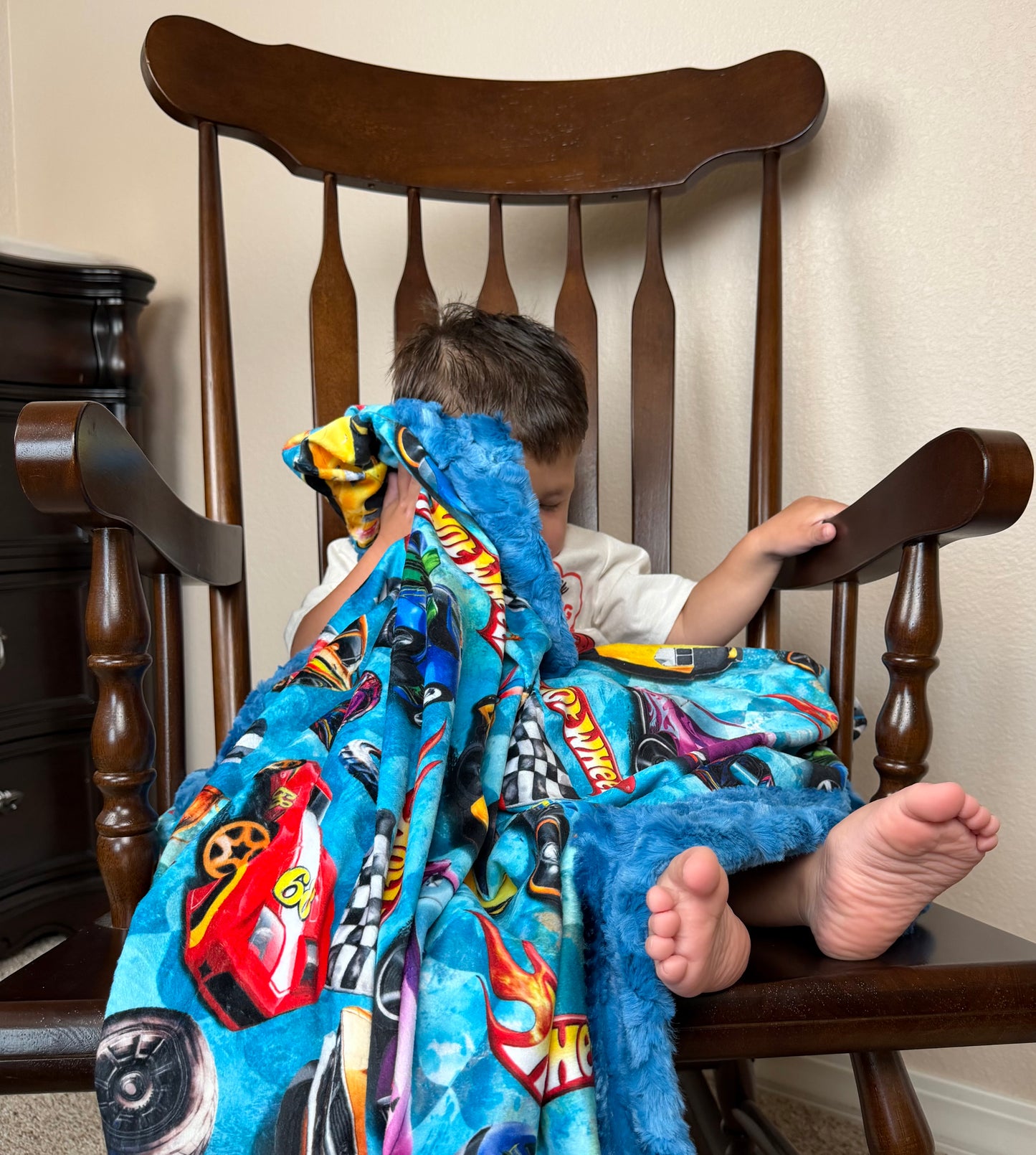 Race Car Enthusiast on Blue Luxe Child Size 42x60 Minky Blanket with Pillowcase