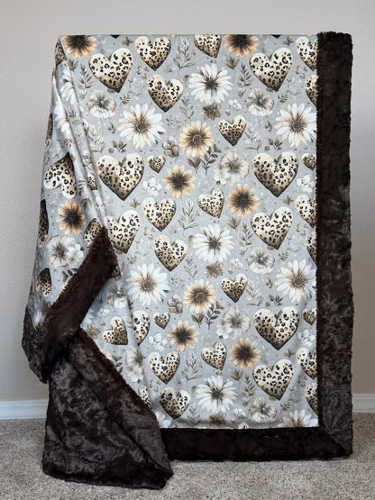 Hearts and Daisies on Brown Luxe Large 56x79 Minky Blanket