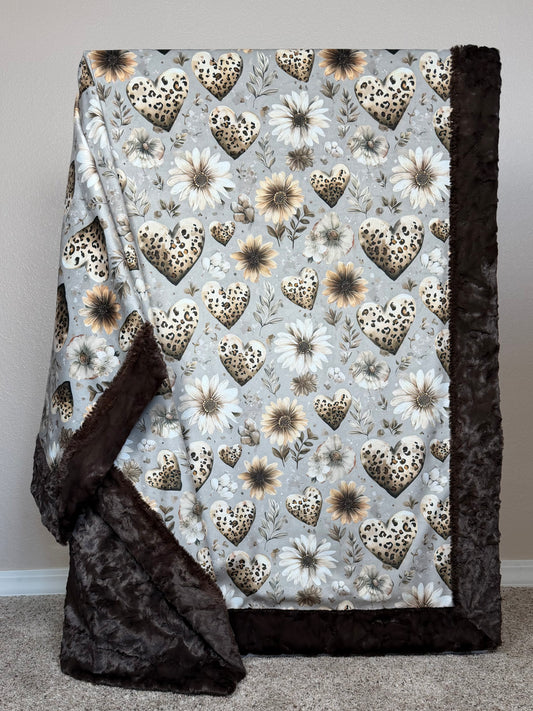 Hearts and Daisies on Brown Luxe Large 56x79 Minky Blanket