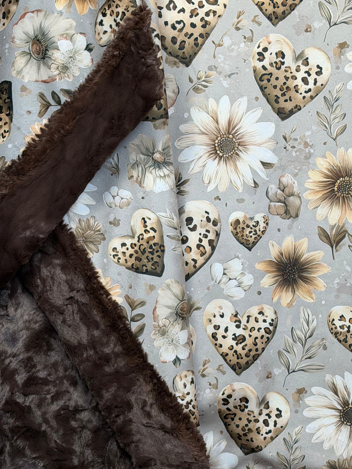 Hearts and Daisies on Brown Luxe Large 56x79 Minky Blanket