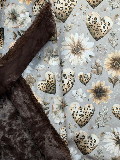 Hearts and Daisies on Brown Luxe Large 56x79 Minky Blanket