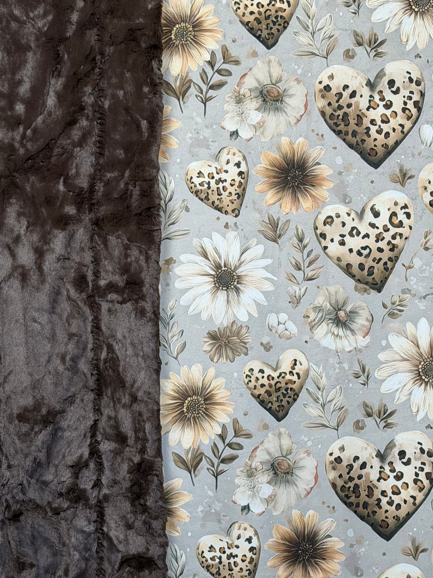 Hearts and Daisies on Brown Luxe Large 56x79 Minky Blanket