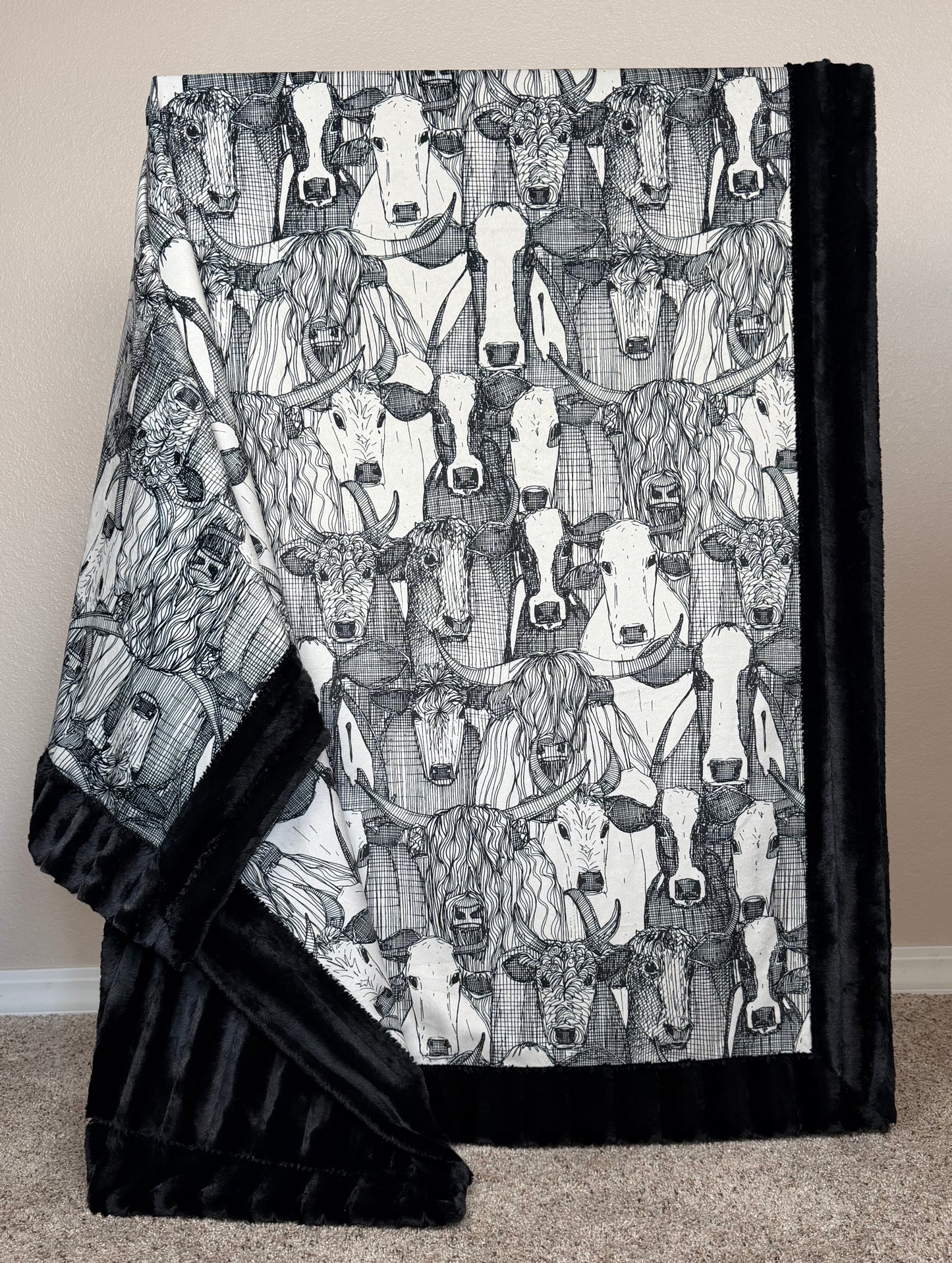 Cows on Black Luxe Large 55x79 Minky Blanket