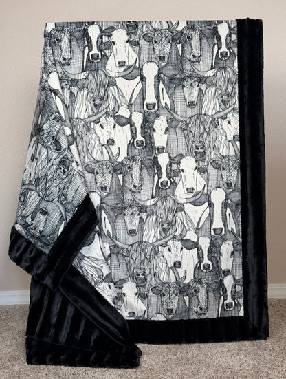 Cows on Black Luxe Large 55x79 Minky Blanket