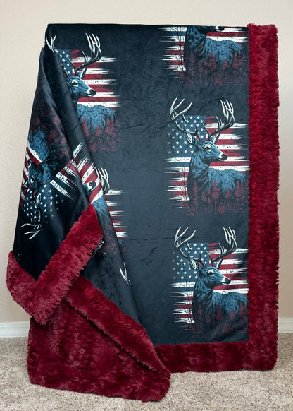 Deer and Flag on Merlot Florence Luxe 55x79 Minky Blanket
