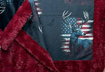 Deer and Flag on Merlot Florence Luxe 55x79 Minky Blanket