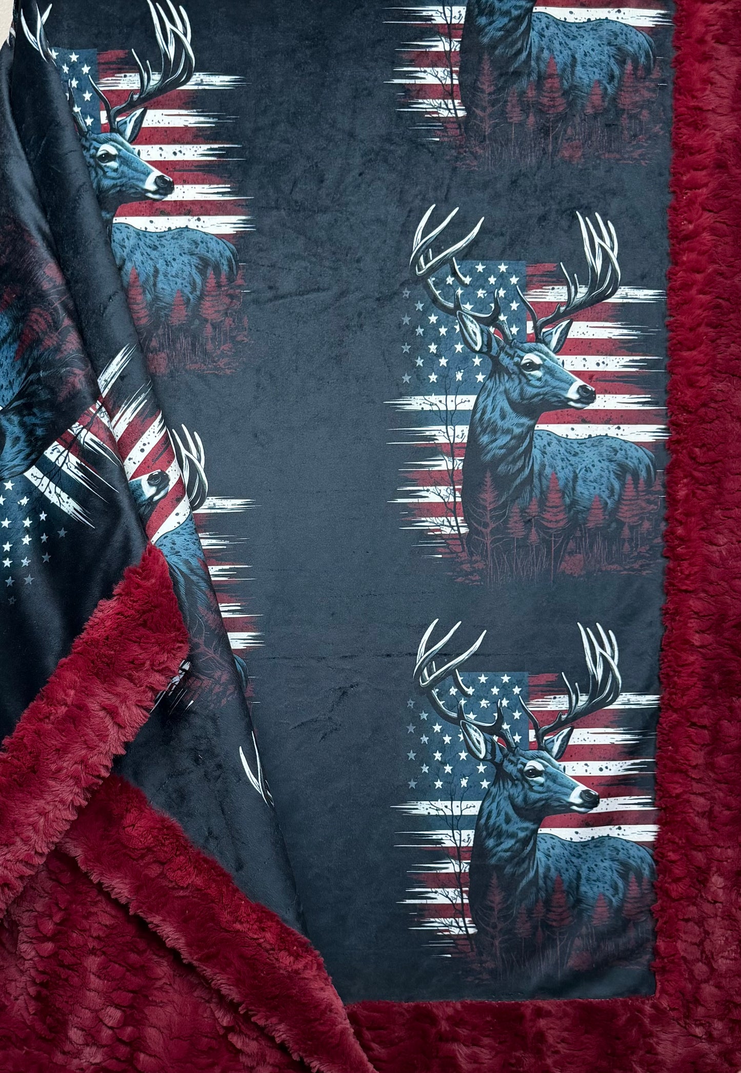 Deer and Flag on Merlot Florence Luxe 55x79 Minky Blanket