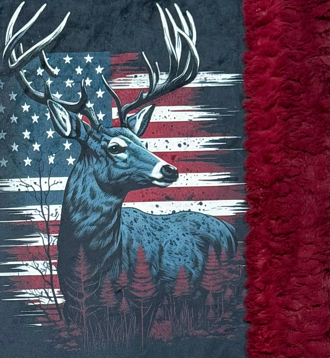 Deer and Flag on Merlot Florence Luxe 55x79 Minky Blanket
