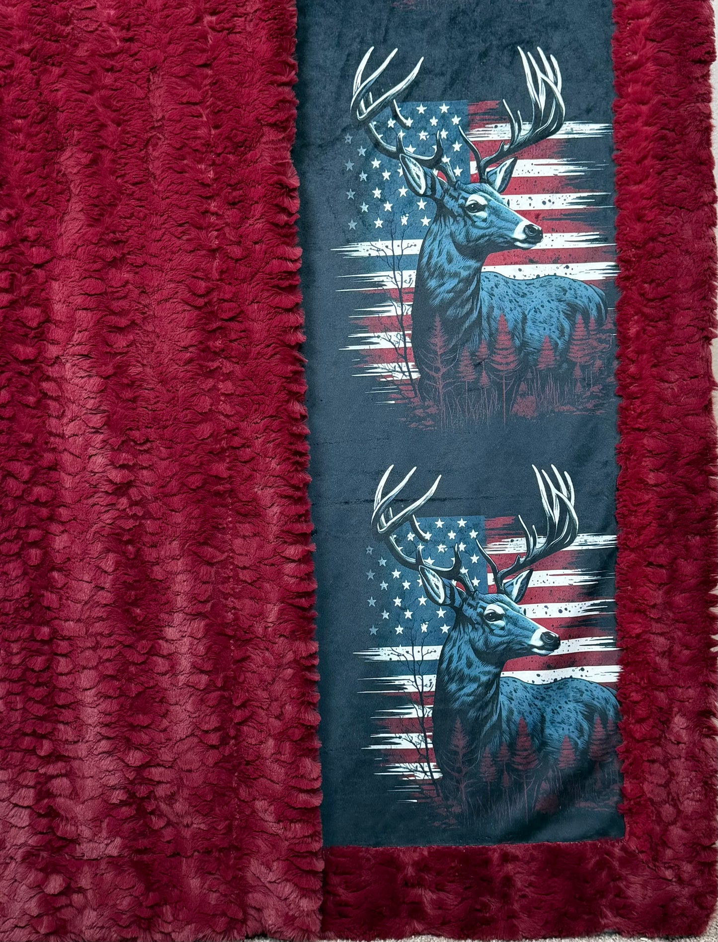Deer and Flag on Merlot Florence Luxe 55x79 Minky Blanket