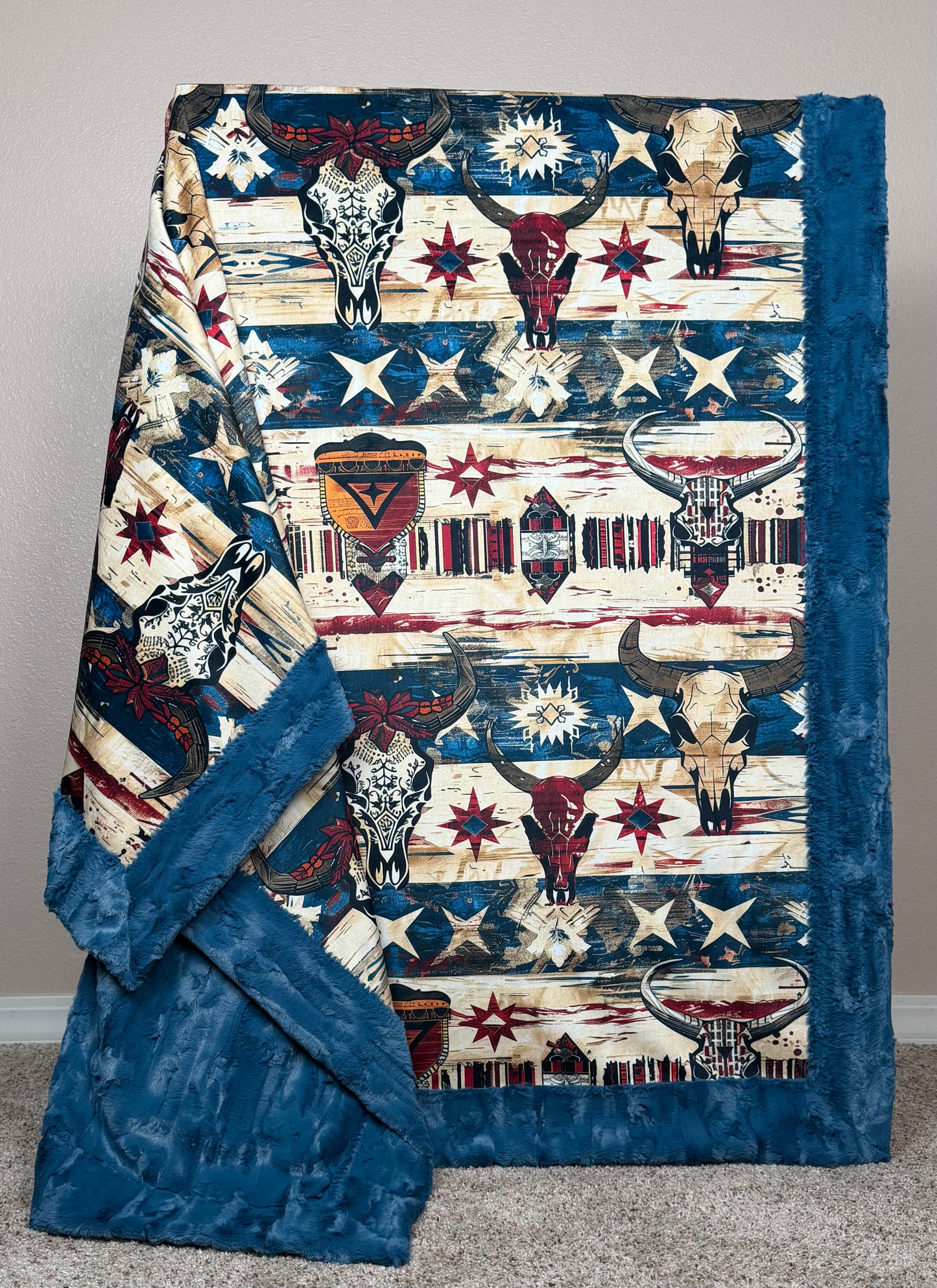 Wild West Cowboy Textures on Blue Poseidon Large 56x79 Minky Blanket