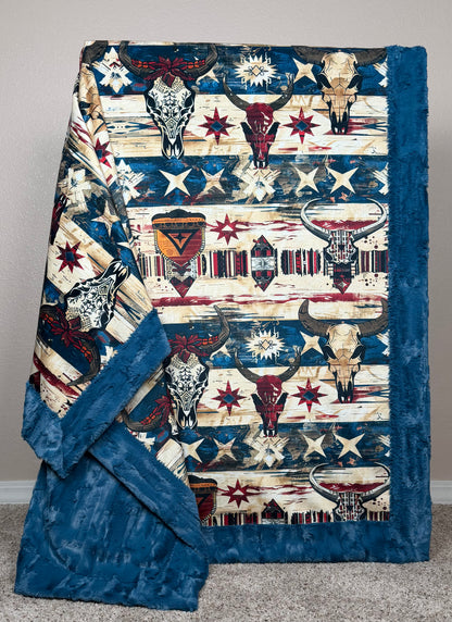 Wild West Cowboy Textures on Blue Poseidon Large 56x79 Minky Blanket