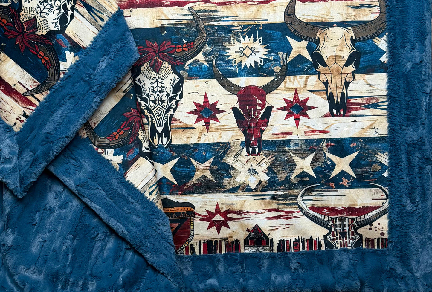 Wild West Cowboy Textures on Blue Poseidon Large 56x79 Minky Blanket