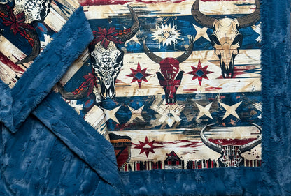 Wild West Cowboy Textures on Blue Poseidon Large 56x79 Minky Blanket
