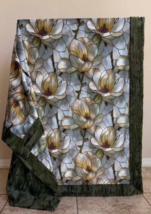 Stained Glass Flowers on Moss Green Luxe Large 55x79 Minky Blanket