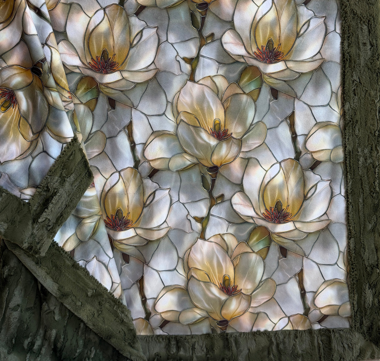 Stained Glass Flowers on Moss Green Luxe Large 55x79 Minky Blanket