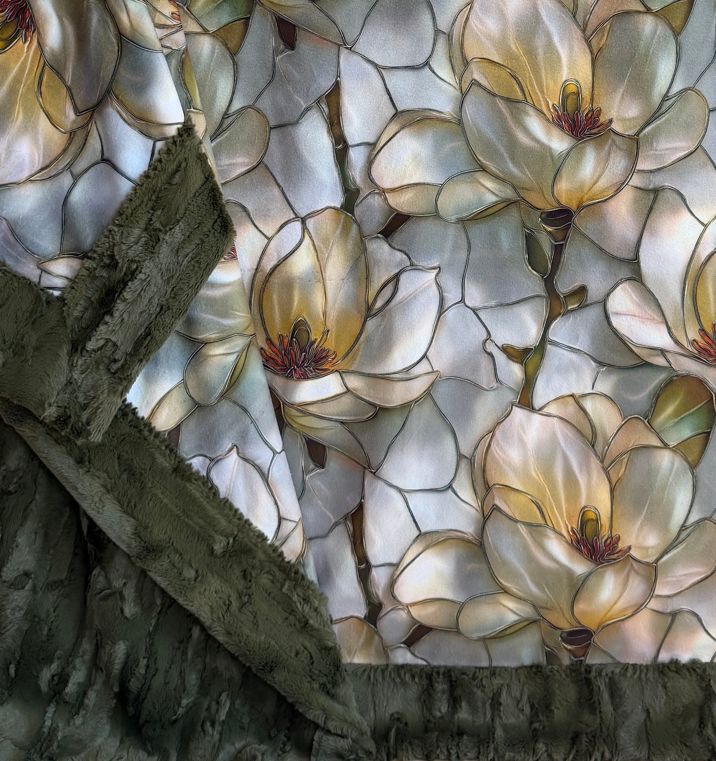 Stained Glass Flowers on Moss Green Luxe Large 55x79 Minky Blanket