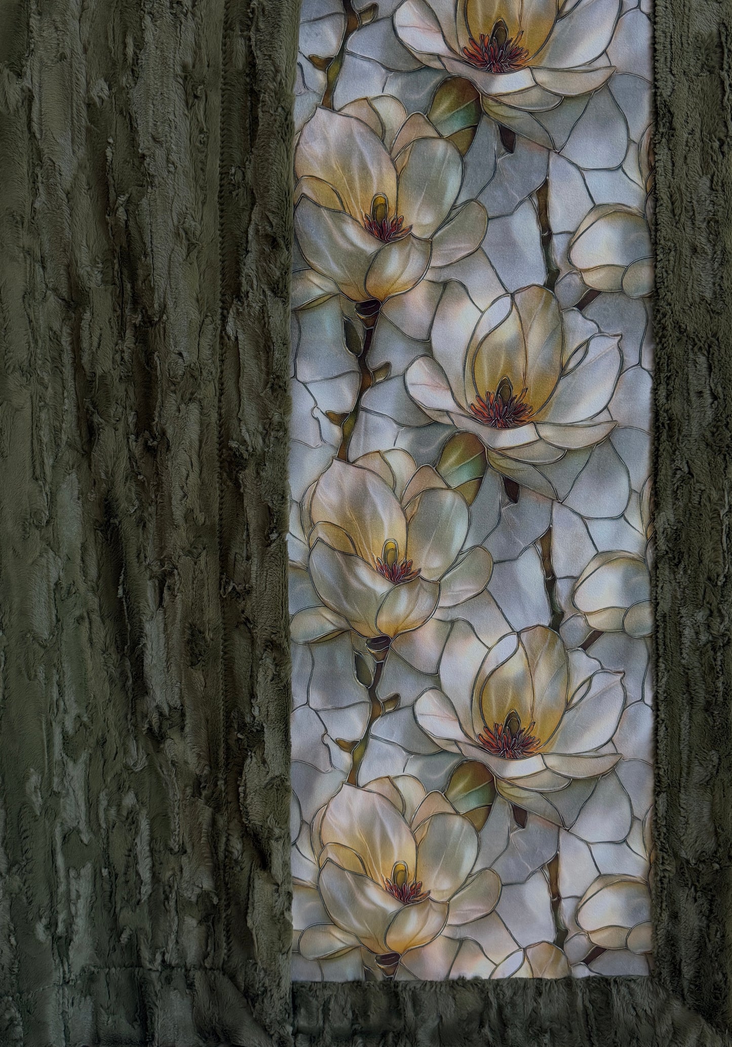 Stained Glass Flowers on Moss Green Luxe Large 55x79 Minky Blanket
