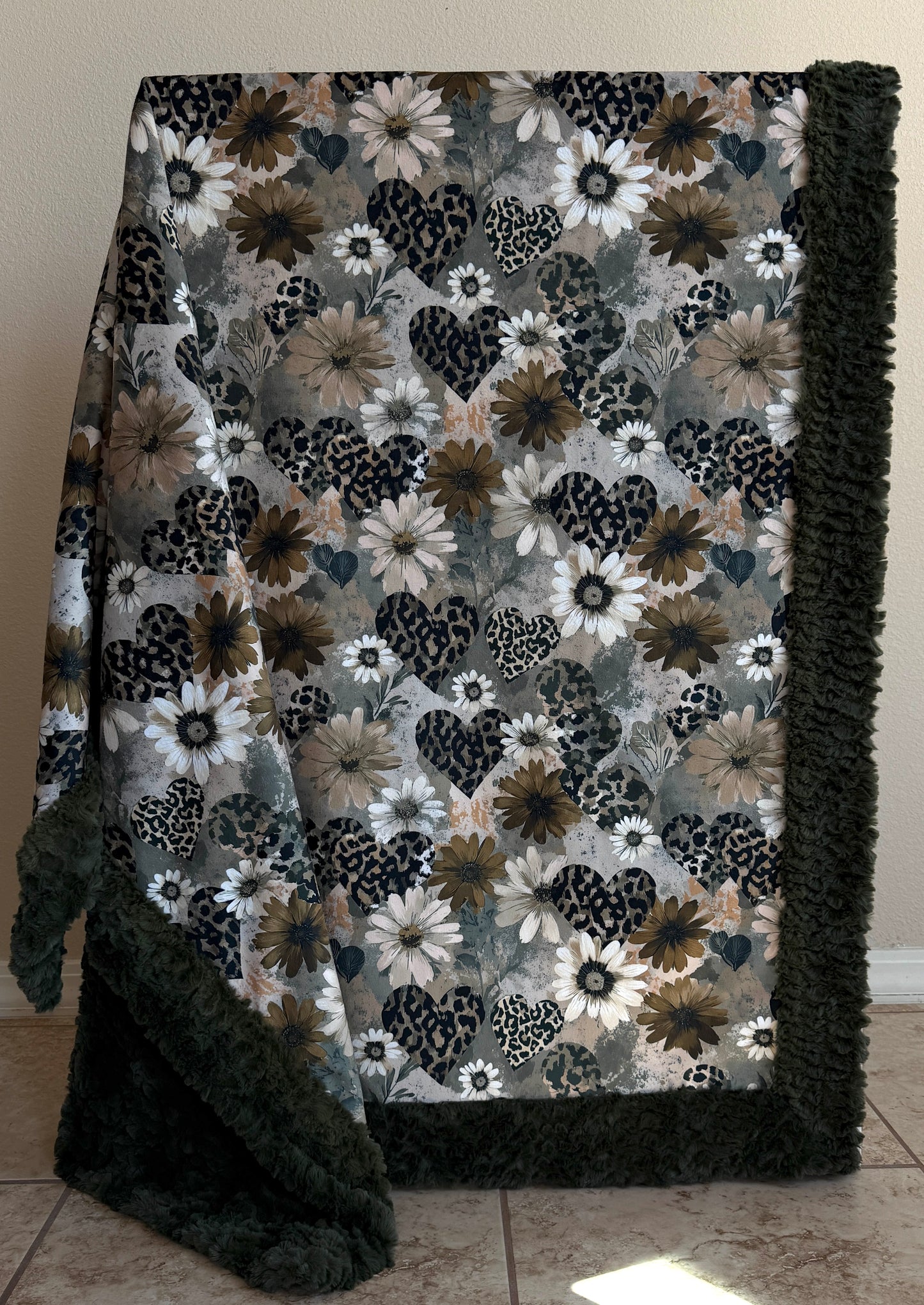 Hearts on Loden Green Luxe Large 55x79 Minky Blanket