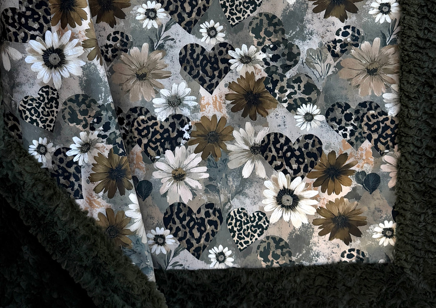 Hearts on Loden Green Luxe Large 55x79 Minky Blanket