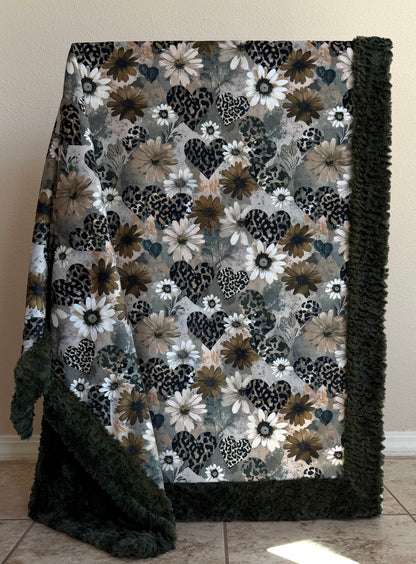Hearts on Loden Green Luxe Large 55x79 Minky Blanket