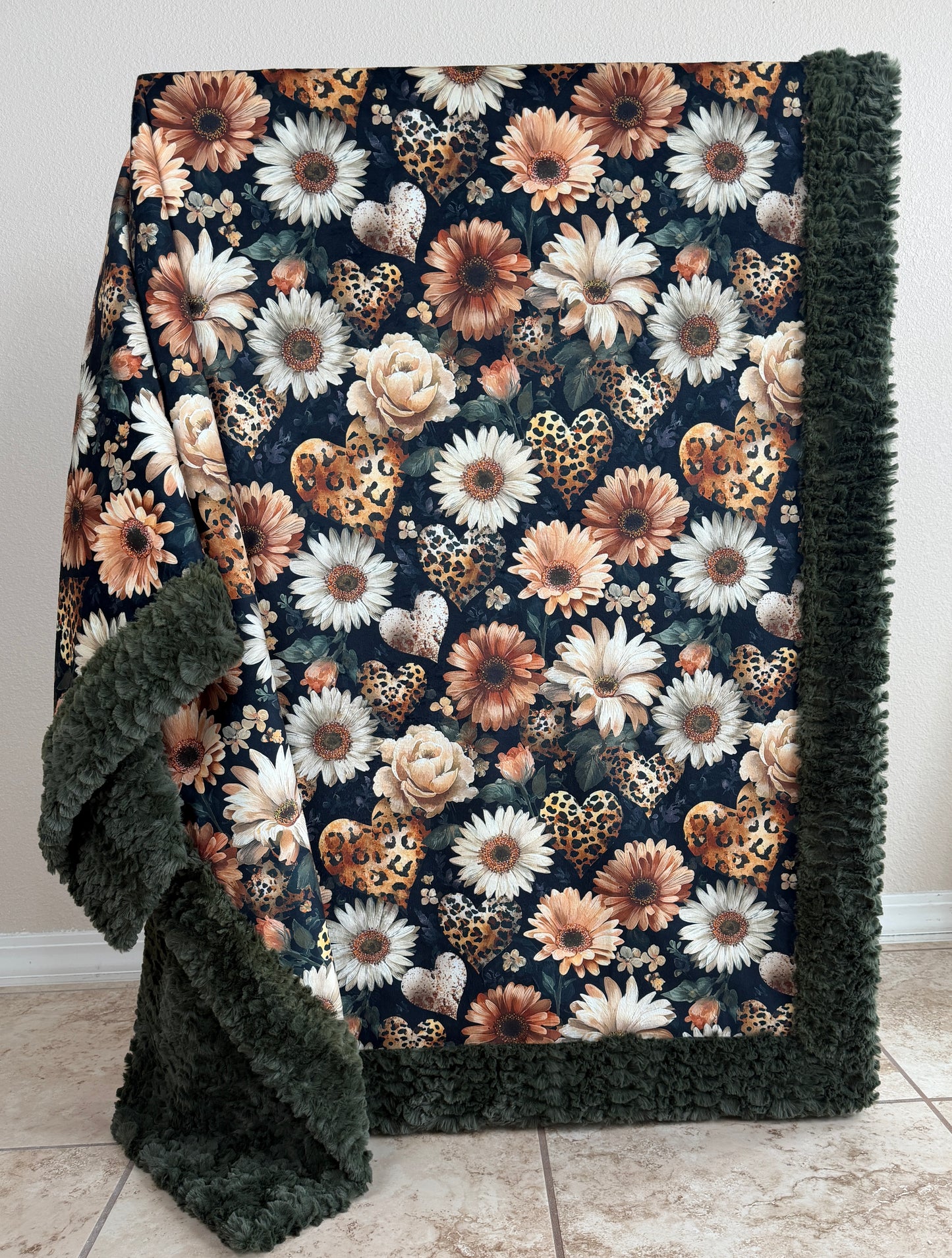 Leopard Floral Hearts on Loden Luxe Large 55x79 Minky Blanket