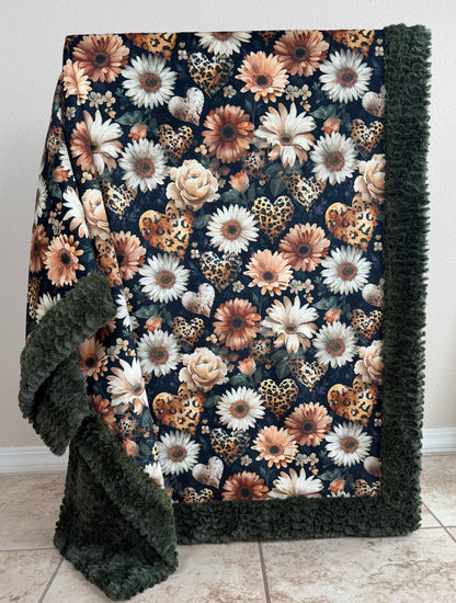 Leopard Floral Hearts on Loden Luxe Large 55x79 Minky Blanket