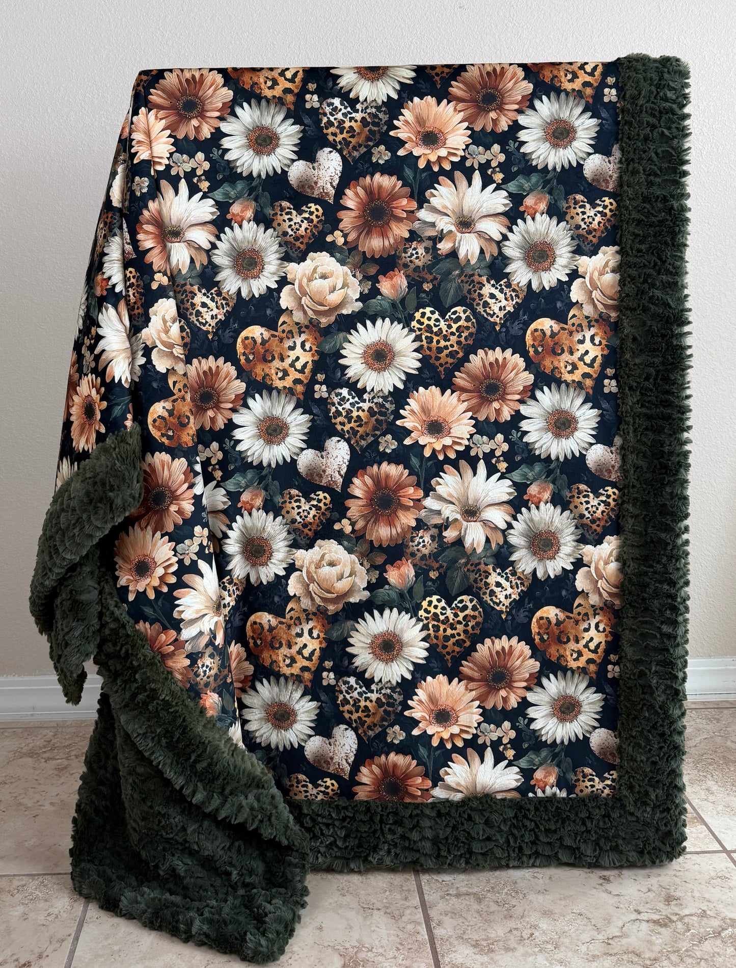 Leopard Floral Hearts on Loden Luxe Large 55x79 Minky Blanket