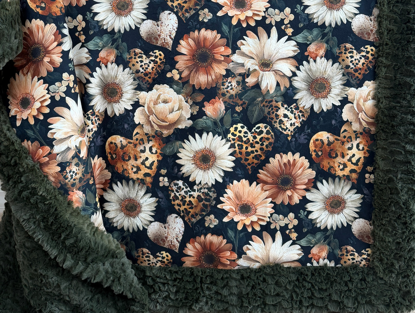 Leopard Floral Hearts on Loden Luxe Large 55x79 Minky Blanket
