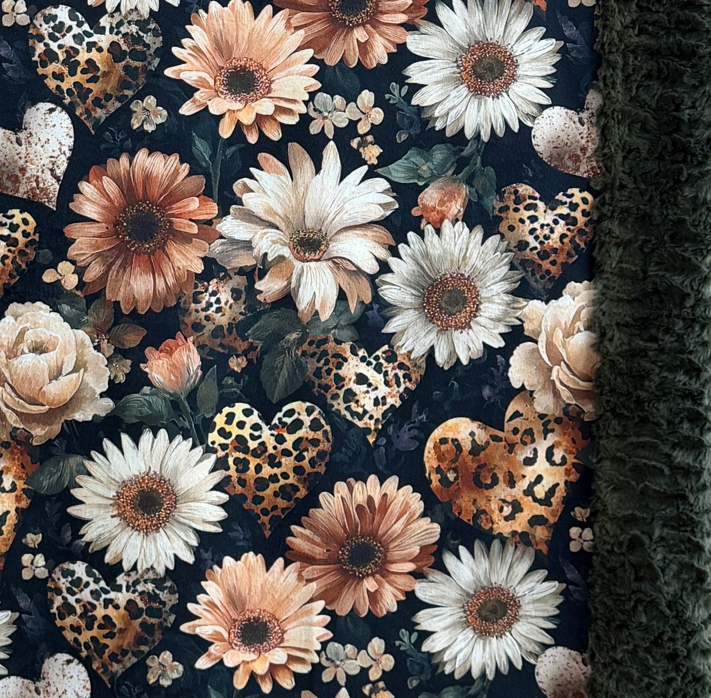 Leopard Floral Hearts on Loden Luxe Large 55x79 Minky Blanket