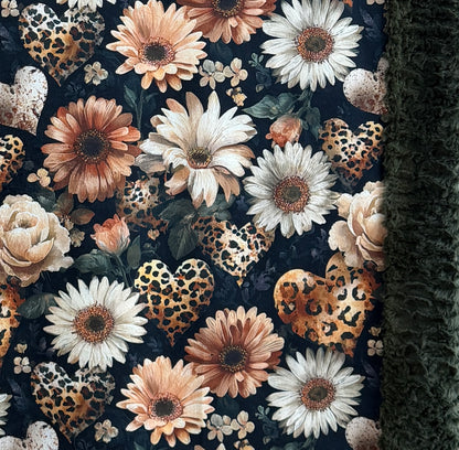Leopard Floral Hearts on Loden Luxe Large 55x79 Minky Blanket