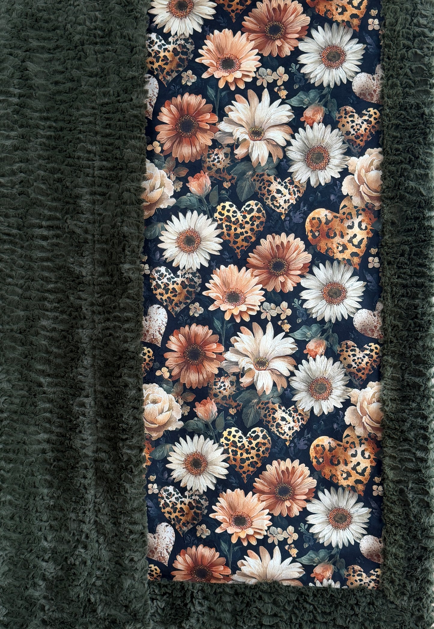 Leopard Floral Hearts on Loden Luxe Large 55x79 Minky Blanket