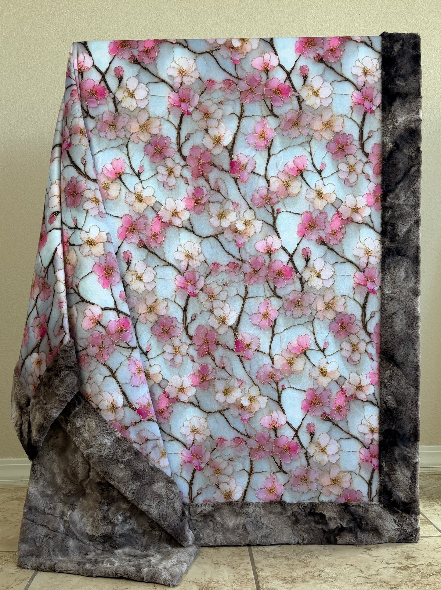 Cherry Blossoms on Brindle Luxe Large 56x79 Minky Blanket