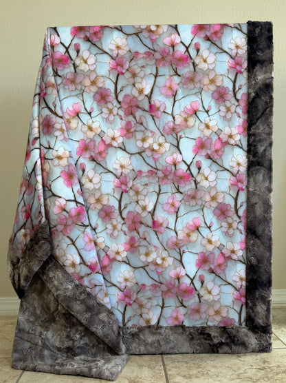 Cherry Blossoms on Brindle Luxe Large 56x79 Minky Blanket