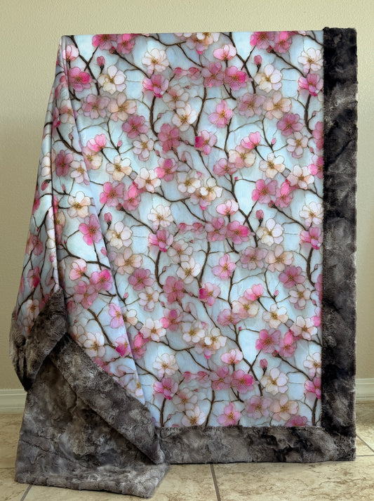 Cherry Blossoms on Brindle Luxe Large 56x79 Minky Blanket
