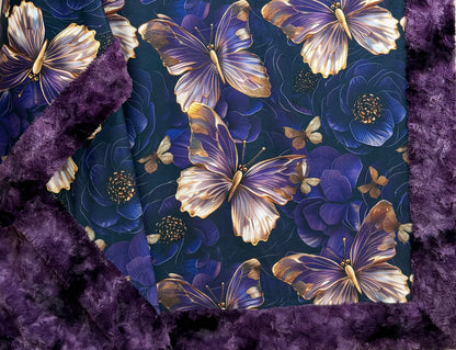 3-D Golden Butterflies on Plum Luxe Large 54x79 Minky Blanket