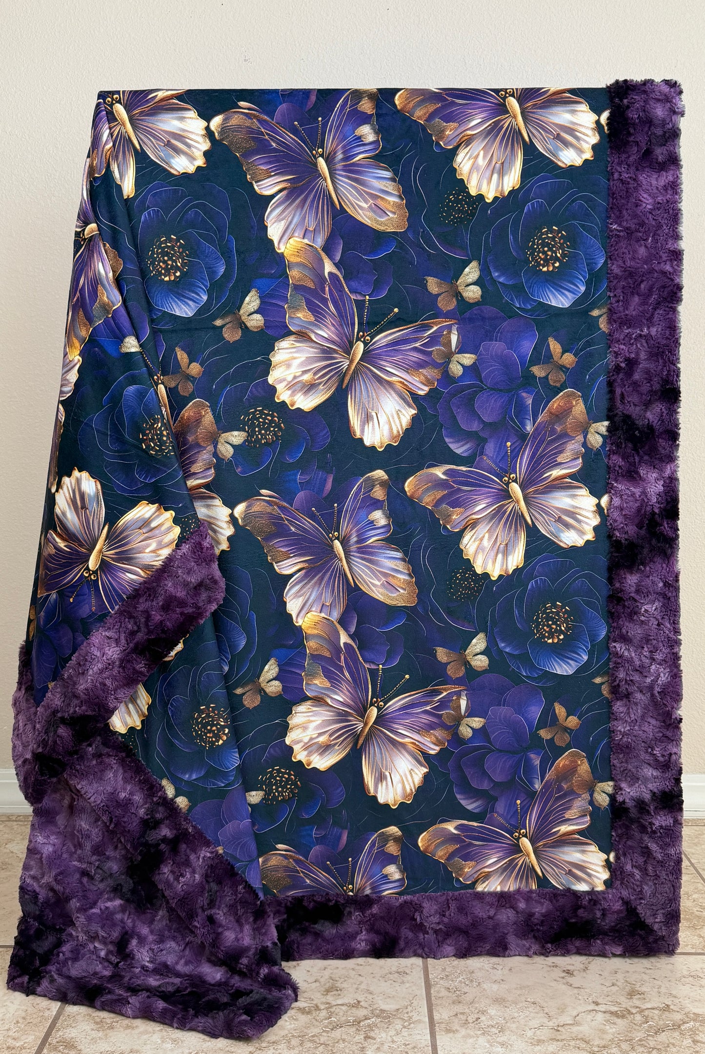 3-D Golden Butterflies on Plum Luxe Large 54x79 Minky Blanket