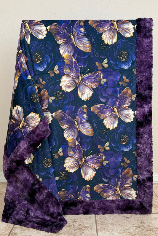 3-D Golden Butterflies on Plum Luxe Large 54x79 Minky Blanket