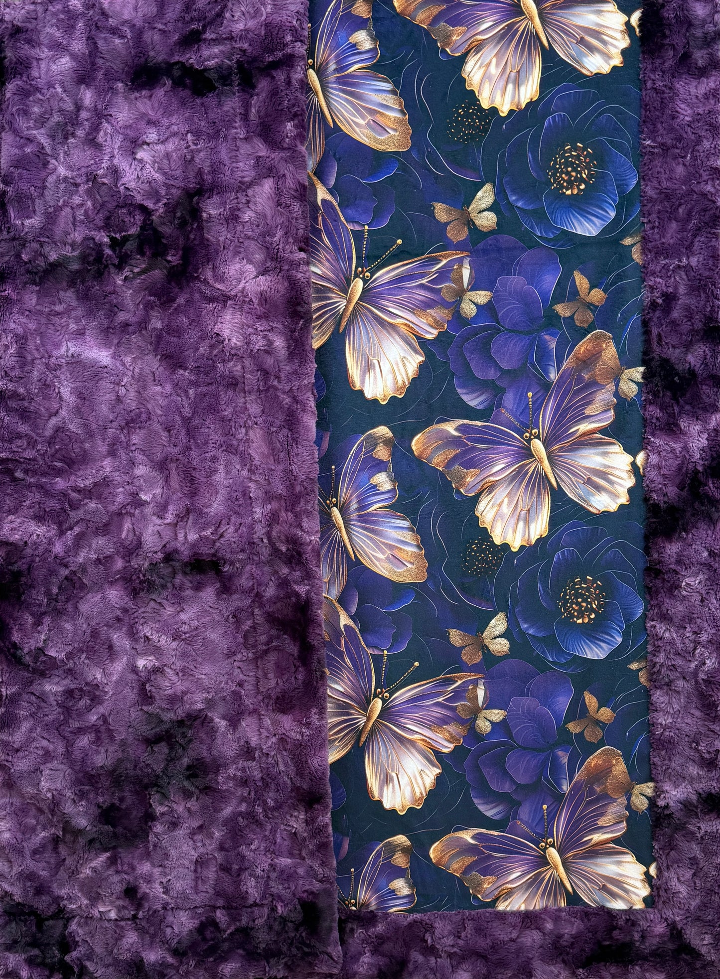 3-D Golden Butterflies on Plum Luxe Large 54x79 Minky Blanket